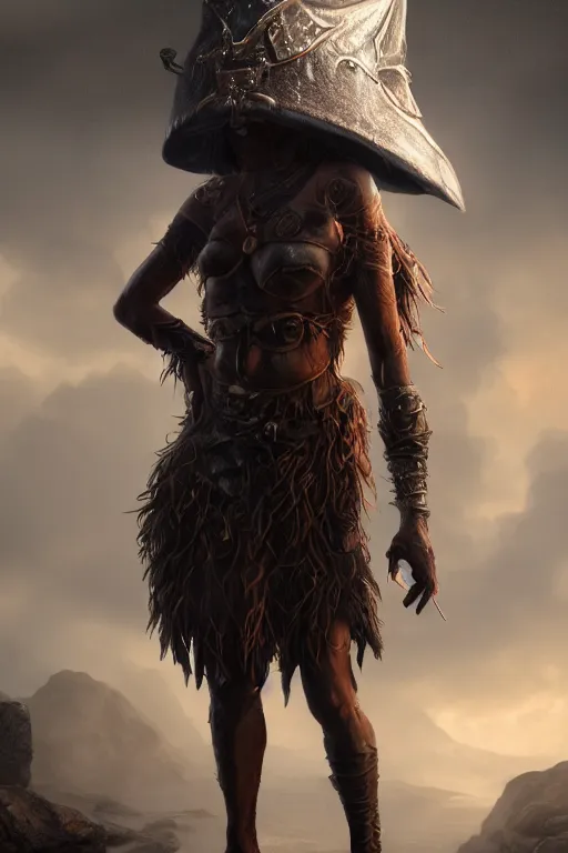 Image similar to highly detailed full body character art of a high fantasy cyclops sorceres eyes covered by a pointy mage hat, full body, highly detailed, photo realistic, dark fantasy atmosphere, foggy, 8 k, octane render, unreal engine