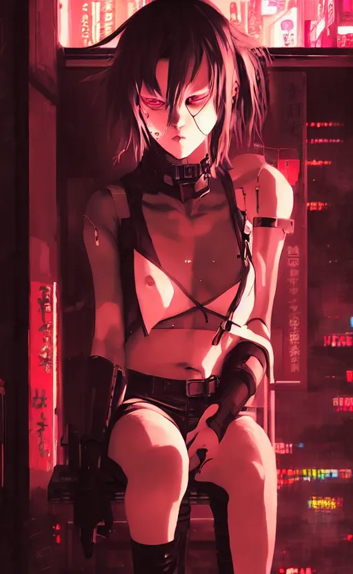 Image similar to cyberpunk anime girl sit in a night bar, cyberpunk oni mask, 3 / 4 shot, street night, beautiful face, grafity, arcane, action, detail, good face, pose model, concept art, in style of yoji shinkawa, pan ren wei, col price, atey ghailan, by greg rutkowski, aesthetic, digital painting