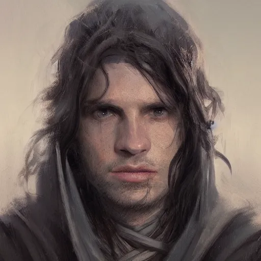 Image similar to portrait of a man by greg rutkowski, british features, messy black long hair, black robes, star wars expanded universe, he is about 2 0 years old, wearing jedi robes, highly detailed portrait, digital painting, artstation, concept art, smooth, sharp foccus ilustration, artstation hq