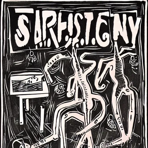 Image similar to surgery operating tanble, in the style of daniel johnston and outsider art, 8 k, line brush, muted, overlaid with cyrillic words, baselitz, german expressionist woodcut