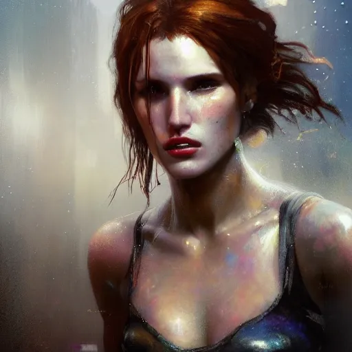 Image similar to bella thorne, hyperrealistic portrait, bladerunner street, art of elysium by frank frazetta and jeremy mann and alphonse mucha, fantasy art, photo realistic, dynamic lighting, artstation, poster, volumetric lighting, very detailed face, 4 k, award winning