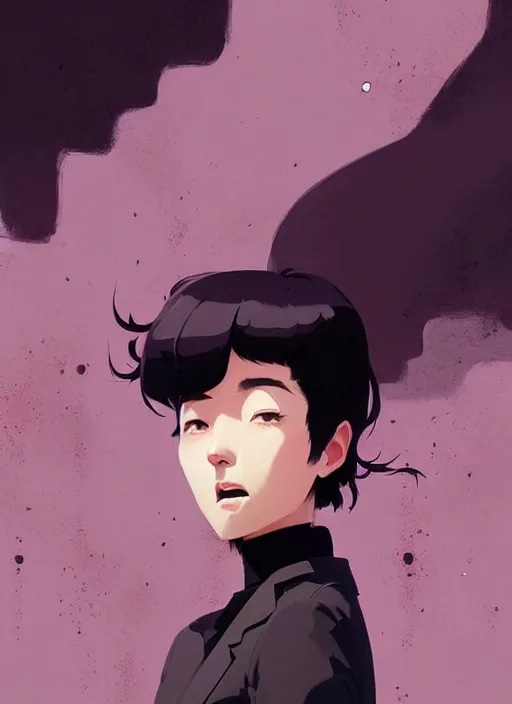 Image similar to highly detailed closeup portrait of cool black hair short, cinnamon skin teen, korean, black suit by atey ghailan, by greg rutkowski, by greg tocchini, by james gilleard, by joe fenton, by kaethe butcher, gradient dark purple, black and white color scheme, grunge aesthetic!!! ( ( graffiti tag wall background ) )