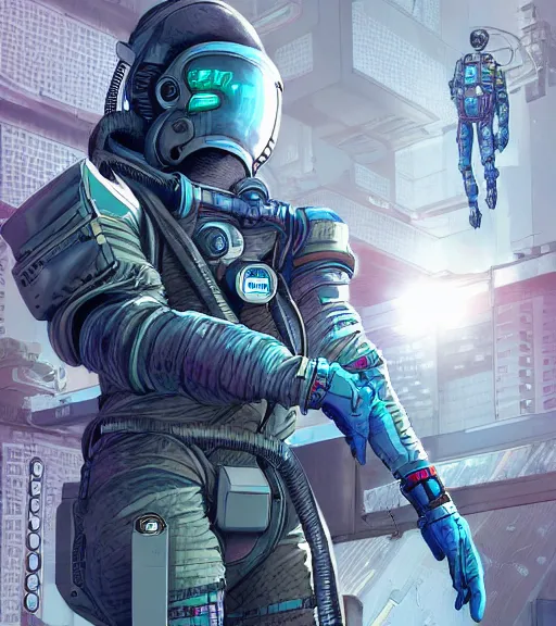 Image similar to realistic cyberpunk engineer with long limbs on a spacewalk, techwear, dead space, visible face, Industrial Scifi, detailed illustration, character portrait, by Martin Grip and Moebius