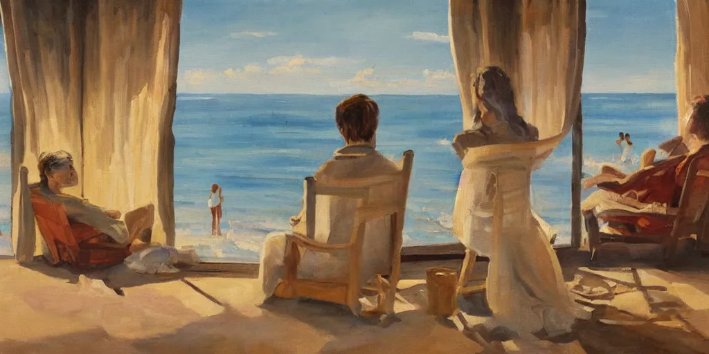 Image similar to a beautiful painting of a man watching the beach view with his wife in their house, oil on canvas