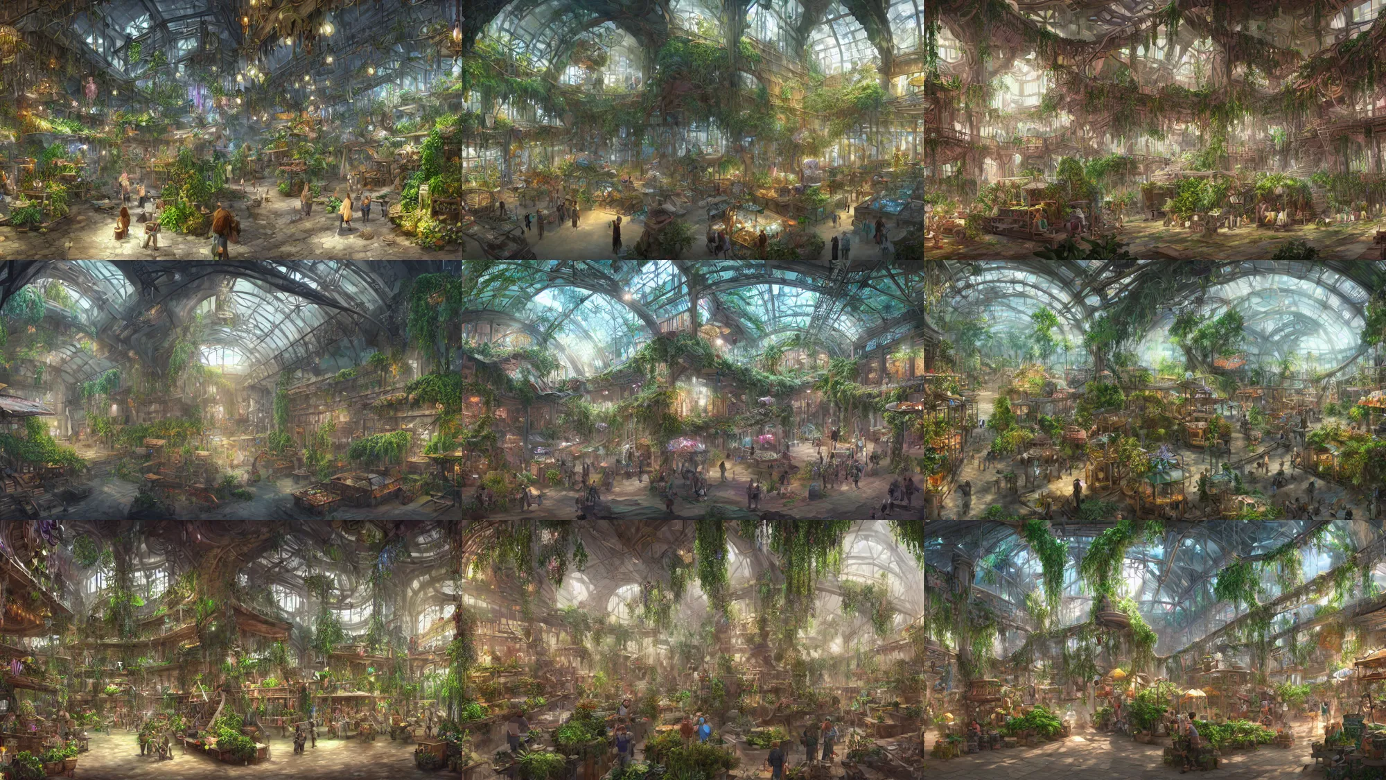 Prompt: Matte painting of the interior view of giant botanical museum. Magitech aetherpunk crystals. Street Market. Fantastical, detailed digital art trending in artstation