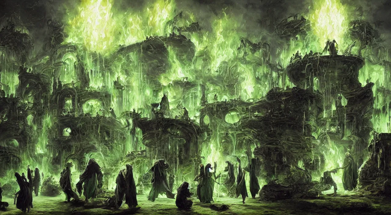 Image similar to A highly detailed oil painting by Greg Rutkowski of a group of sorcerers wearing black robes making a potion in a huge bubbling cauldron glowing bright green, with lots of fire coming from it, highly detailed fantasy concept artwork, very realistic, green and black color scheme, graffiti.