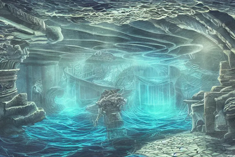 Image similar to underwater sunken temple!!!, fish, palladian, doric, illustration, concept art, digital art, colorful, blue, detailed