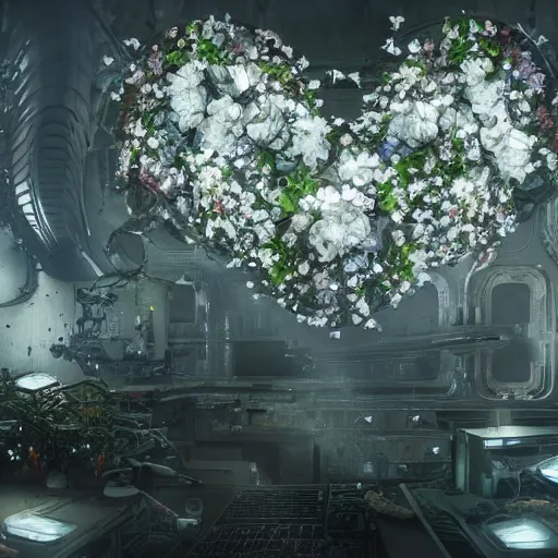 Prompt: biocomputer heart with white biocomputer flowers and biomechanical flowers, intricate environment, matte painting, diffused lighting, highly detailed cinematic, epic composition, highly detailed, atmospheric, wide angle, artstation trending