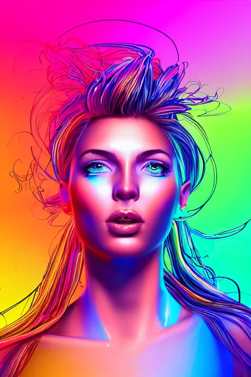 Image similar to a award winning half body portrait of a beautiful woman with stunning eyes in a croptop and cargo pants with rainbow colored ombre hairstyle head in motion and hair flying singing by thomas danthony, outlined by whirling illuminated neon lines, outrun, vaporware, shaded flat illustration, digital art, trending on artstation, highly detailed, fine detail, intricate