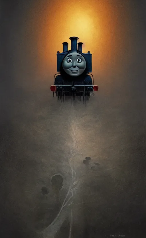 Image similar to thomas the tank engine in style of zdzisław beksinski, extremely dramatic lighting, 8 k, tendrils, black, darkness, black slime tendrils, infected, rust, body horror, thomas the train, thomas the tank engine face, horror,