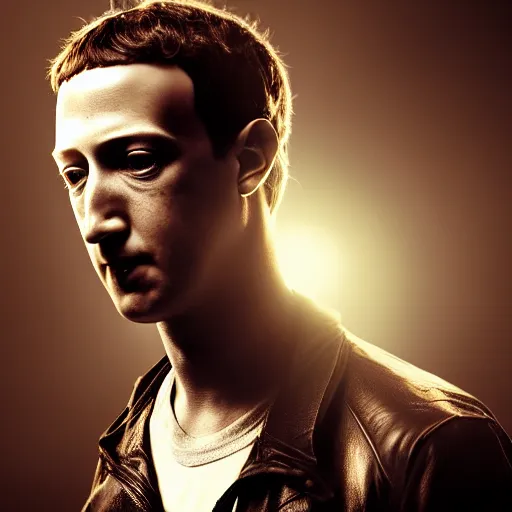 Prompt: angry zuckerberg with shotgun, extreme detail, studio light, photorealistic, gritty, movie still, cinematic, bruised face, soft focus, well edited, 8 k, atmospheric, dark, leather jacket