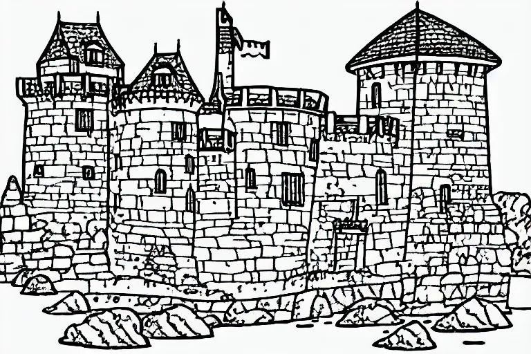 Prompt: an old castle on a seaside cliff coloring book, line art, simple, low detail