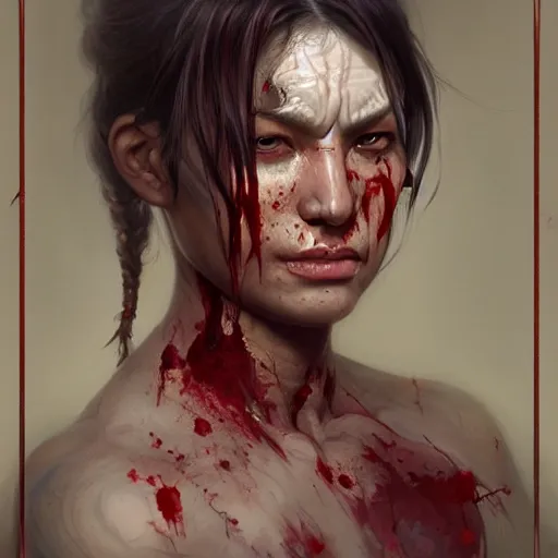 Image similar to portrait painting of a muscular bloodied dark nepali female butcher back, ultra realistic, concept art, intricate details, eerie, highly detailed, photorealistic, octane render, 8 k, unreal engine. art by artgerm and greg rutkowski and alphonse mucha