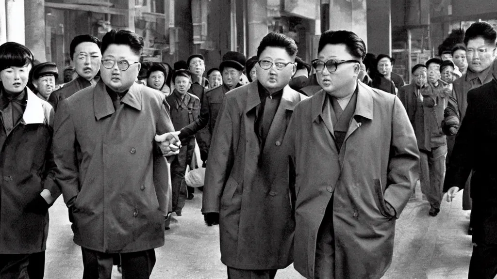 Image similar to kim jong - il walking in 1 9 6 0 s pyongyang, film noir thriller in the style of orson welles and andrei tarkovski
