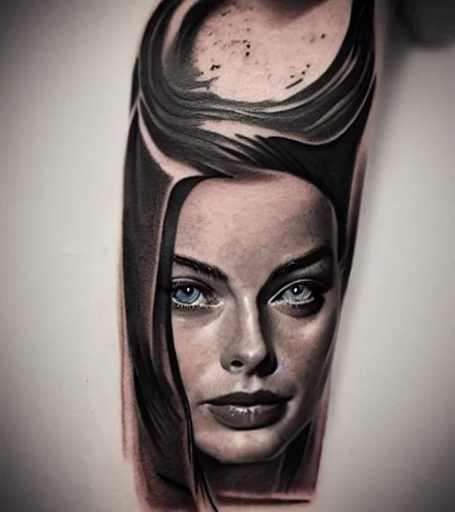 Image similar to mash up tattoo sketch of margot robbie in the shape of beautiful mountains, double exposure effect, in the style of arlo dicristina, hyper realism, amazing detail, sharp