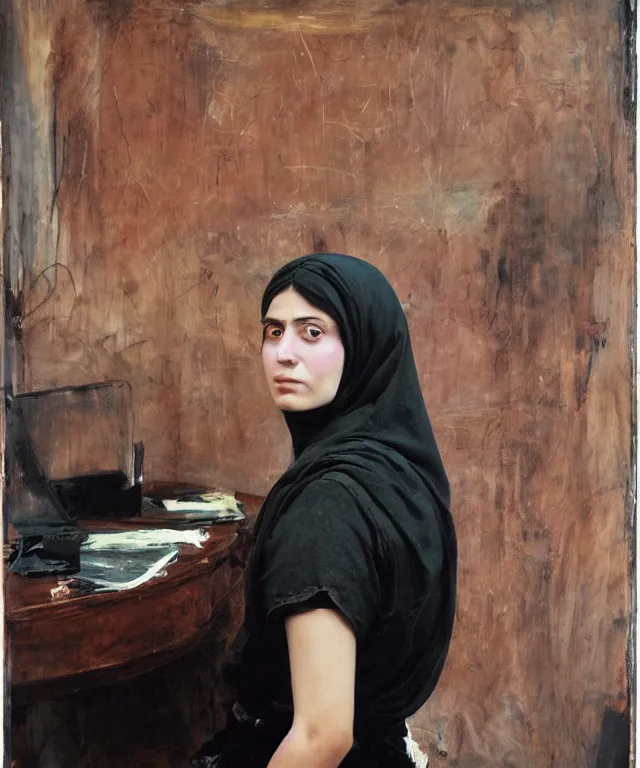 Prompt: a color photograph of persian young woman in her workplace, by nan goldin, out of place, intense, bold, exaggerated, over proportion, painted over by jenny saville, hyperrealistic, ultra sharp, extra details, ultra high quality,