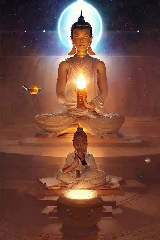 Image similar to space, temple, buddhism, painting by greg rutkowski, j. c. leyendecker, artgerm