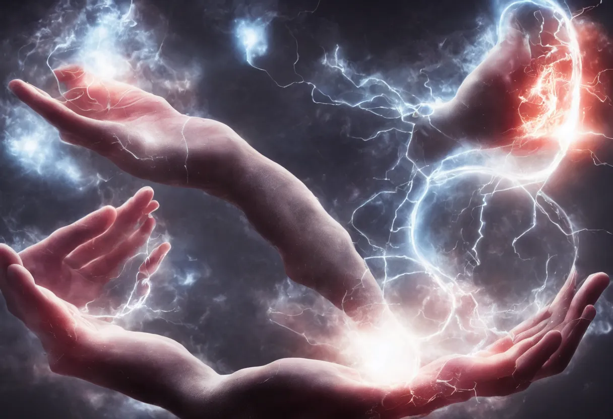 Image similar to A hand holding a powerful wizards orb containing an apocalyptic vision, smoke electricity sparks emanate from the wizards orb, ultra high resolution, hyper realistic, intricate details, cinematic, award winning. Rendered with autodesk arnold unreal engine octane render Lumion Blender Maxwell.