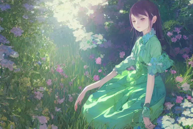 Image similar to a depressed digital art, loli in dress, garden, green and warm theme, blue accents, back lighting, highly detailed, 4 k resolution, trending on art station, by krenz cushart and mucha and akihito yoshida and greg rutkowski and makoto shinkai