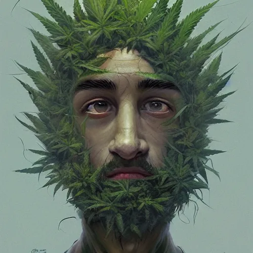 Image similar to a man made of hemp, with a head in the form of a cannabis bloom, like young grut, green skin, character, art by james jean and greg rutkowski!!, realistic face, digital art, chibi style, golden ratio, perfect composition, trending on artstation, 8 k