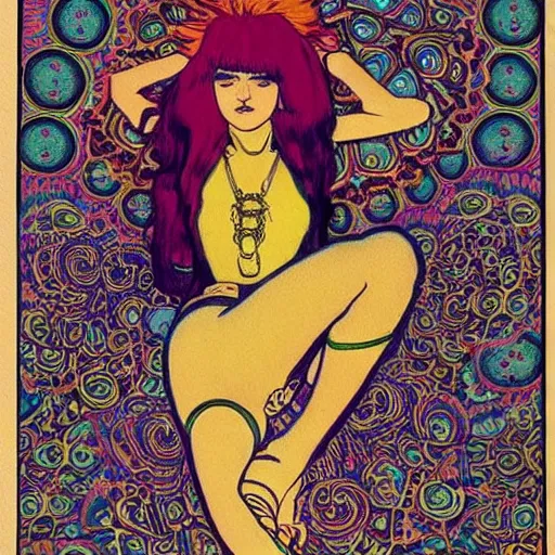 Prompt: rocker goth teen girl laying on the floor, writing on journal. 1970s colorful psychedelic bedroom. Trippy. Moscoso. Mucha.