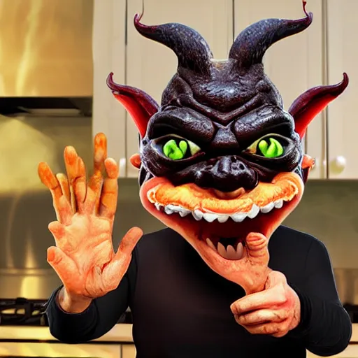 Prompt: Gordon Ramsay but as a goblin, realistic, detailed, in front of a kitchen backround