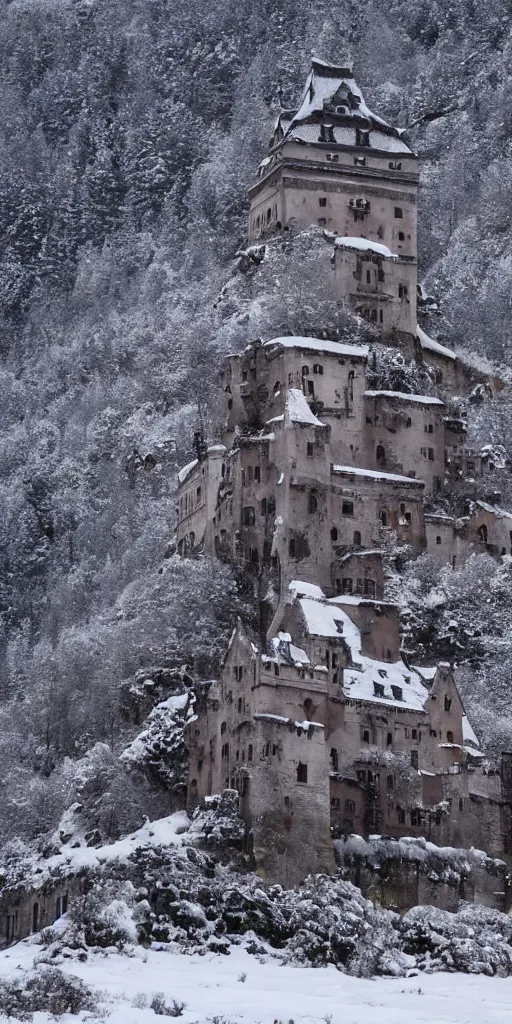 Image similar to a abandoned castle on top of a snowy mountain, 8 k, shallow depth of field, intricate detail, concept art,