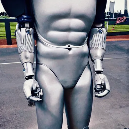 Image similar to “a realistic detailed photo of a guy who is an attractive humanoid who is half robot and half humanoid, who is a male android, baseball player Bryce Harper, shiny skin, posing like a statue, blank stare”