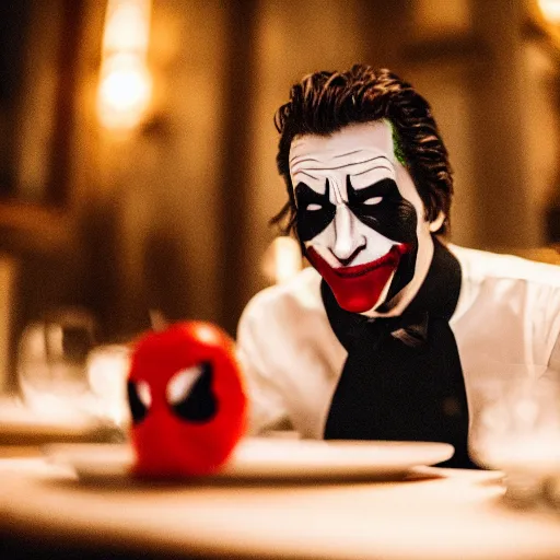 Prompt: joker eating at a fancy restaurant standing next to deadpool, 85mm f/1.4