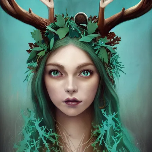 Prompt: A beautiful digital painting of freya allen, teal skin, antlers made from wood on her head and brown curly hair with orange oak leaves, forest in the background, D&D, fantasy, intricate, beautiful green eyes, cinematic lighting, highly detailed, digital painting, Artstation, concept art, smooth, sharp focus, illustration, art by Artgerm and Greg Rutkowski and Alphonse Mucha