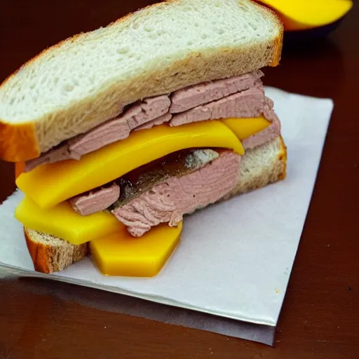 Prompt: sandwich with foie gras honey and mango