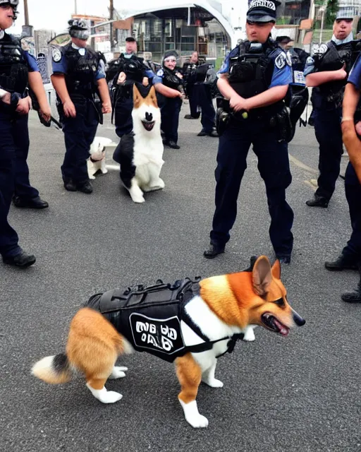 Prompt: a corgi police dogs wearing tactical k 9 gear, crowd control. riots