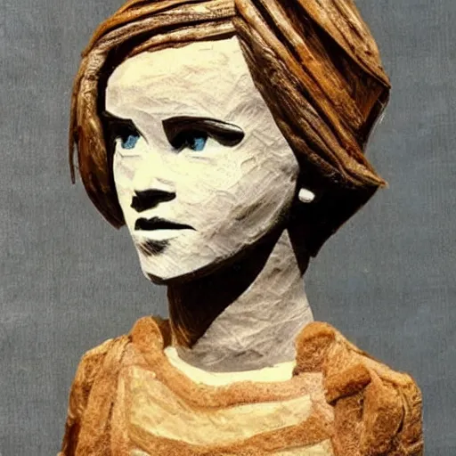 Image similar to a sculpture of emma watson made out of bread as a kids drawing