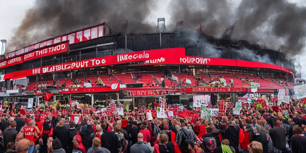 Image similar to old trafford theatre of dreams on fire during protest against the glazers, # glazersout, chaos, protest, banners, placards, burning, pure evil, 8 k, by stephen king, wide angle lens, 1 6 - 3 5 mm, symmetry, cinematic lighting