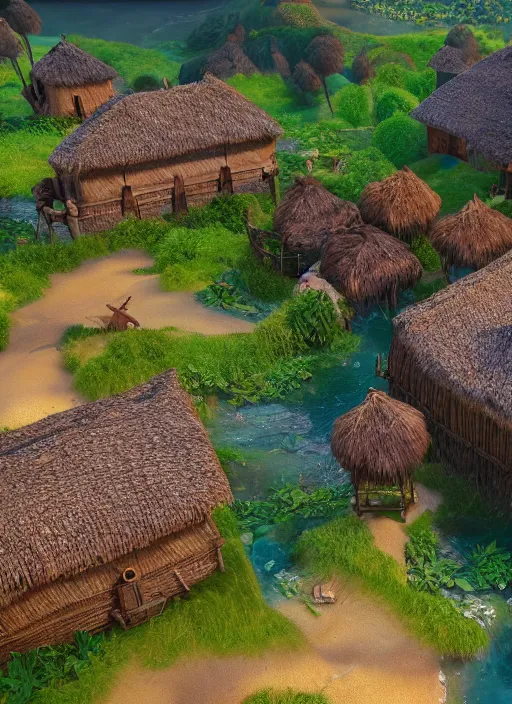 Image similar to subsurface scattering, medieval village in the middle of lush forest, from the live action film moana 4 k quality super realistic, cinematic lighting, 8 k