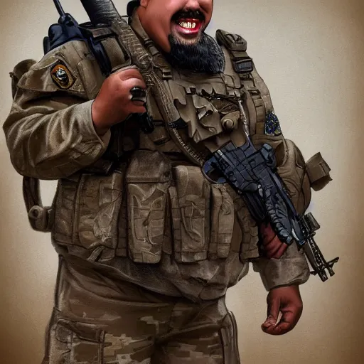 Image similar to Gabriel Iglesias as a navy SEAL, high resolution fantasy concept art, intricate details, soft lighting