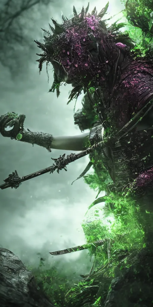 Prompt: a samurai standing in a highly detailed over dimensional green leaves that are not from this world decaying with black vaines, dark fantasy, photorealism, unreal engine, purple hue, religious, epic