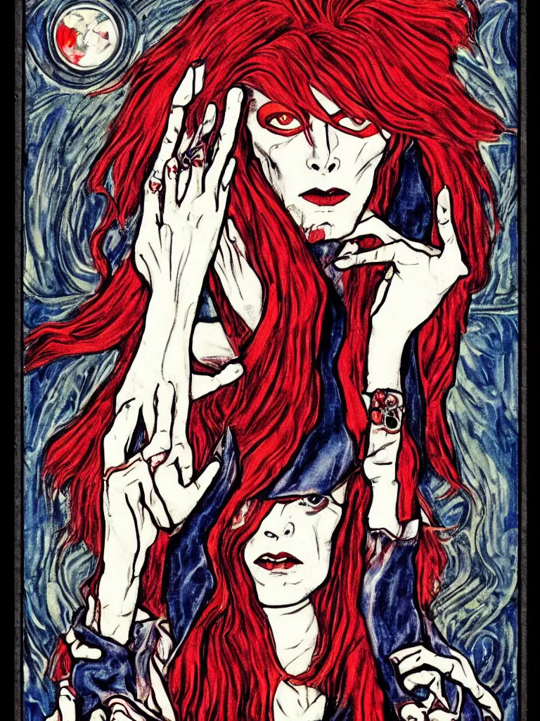 Image similar to art nouveau, David Bowie, one single figure, tarot card, The Vampire, leather jacket, jeans, long red hair, full body