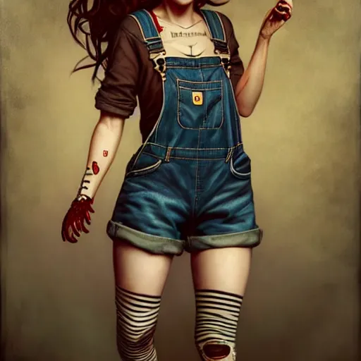 Image similar to full body pose, grungy very attractive alice, torn overalls, short shorts, combat boots, fishnets, beautiful, highly detailed face, true anatomy!, extremely detailed!, digital painting, unreal engine 5, art by tom bagshaw