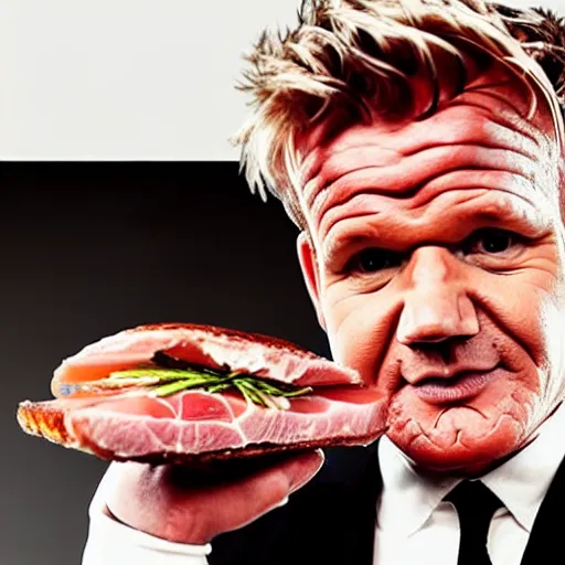 Image similar to gordon ramsay's face on a cooked leg of ham