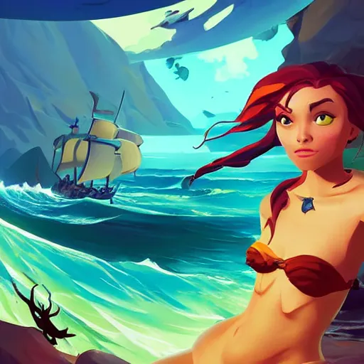 Image similar to painting mermaid treasure on sea of thieves game avatar hero smooth face median photoshop filter cutout vector, behance hd by jesper ejsing, by rhads, makoto shinkai and lois van baarle, ilya kuvshinov, rossdraws global illumination