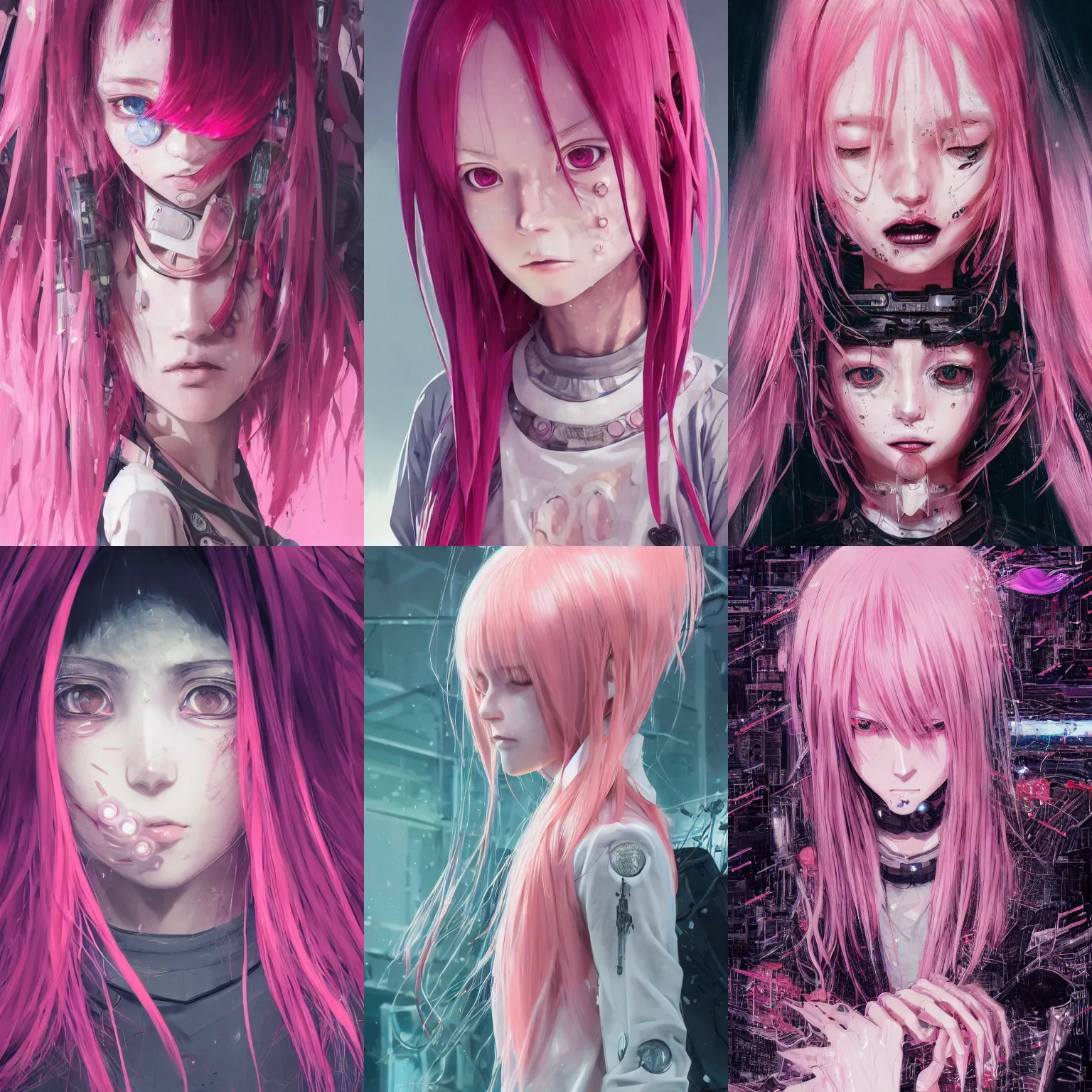 Prompt: by kyoto animation, very creepy girl pink hair, mechanical inserts in the flesh, tears from the eyes, wearing cyberpunk intricate streetwear, beautiful, detailed portrait, intricate complexity, ilya kuvshinov, cell shaded, 4 k, concept art, by wlop, ilya kuvshinov, greg rutkowski, sharp focus, volumetric lighting, cinematic lighting