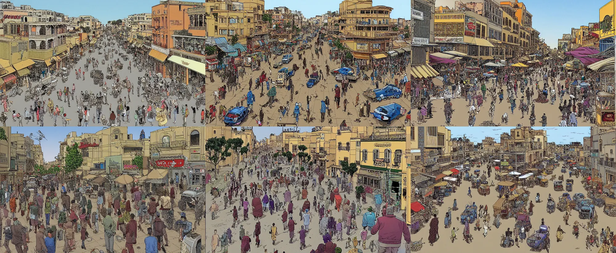 Prompt: the busy streets of rabat, art by geoff darrow, high quality, extremely detailed, - c 1 3. 0