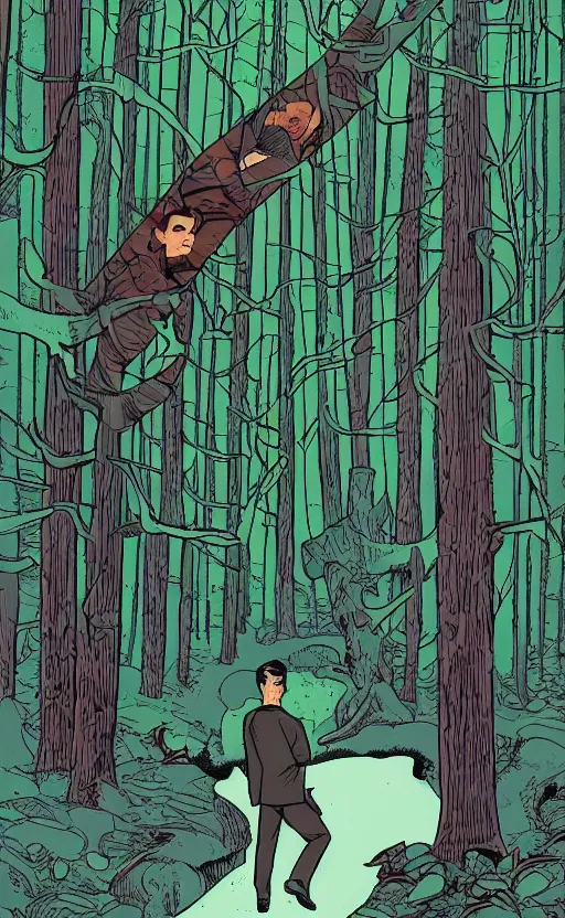 Prompt: Twin Peaks comic art splash page of Dale Cooper entering the portal in the woods by Tomer Hanuka