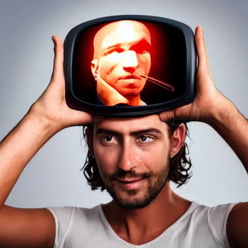 Prompt: man infused with TV on his head, detailed