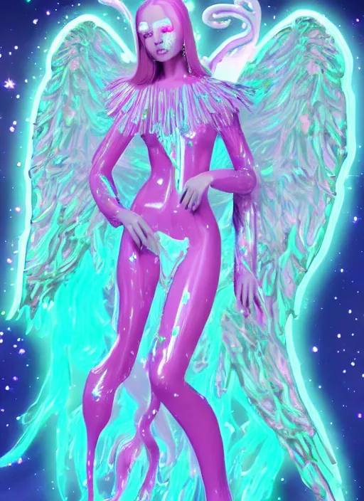 Image similar to a suited angel spirit being, covered with pastel glitter glue slime, fashion model pose, full body maximalist cosmic eldritch character design, early computer graphics