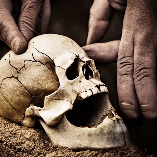 Prompt: a team of archeologists uncovering the skull of a giant. Award winning photography. 15mm lens