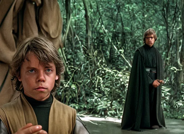 Image similar to Luke Skywalker at the new jedi temple school, in the jungle. Photographed with Leica Summilux-M 24 mm lens, detailed photorealistic face, ISO 100, f/8, Portra 400