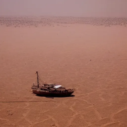 Image similar to a ship in the middle of the desert, sand storm.