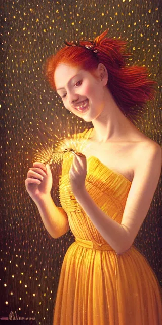 Prompt: young woman, serene smile, surrounded by golden firefly lights, amidst nature fully covered by a intricate detailed dress, long red hair, precise linework, accurate green eyes, small nose with freckles, smooth oval shape face, empathic, expressive emotions, spiritual scene, hyper realistic ultrafine art by artemisia gentileschi, jessica rossier, boris vallejo